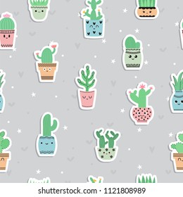 Cute seamless pattern with cacti and succulents, hand drawn flowers. Background in scandinavian style with cartoon plants. Stickers. Vector illustration