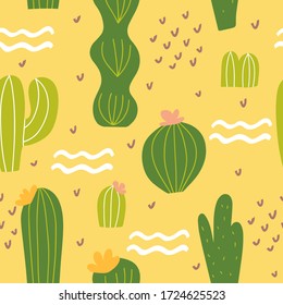Cute seamless pattern with cactus and abstract elements. Floral textile, fabric, wrapping paper design. Vector illustration with house plants.