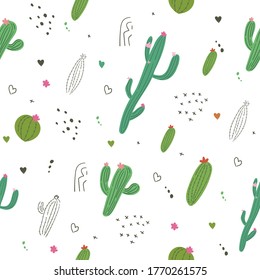 Cute seamless pattern with cactus and abstract elements. Repeating hand drawn background in the bohemian style. Trendy vector design