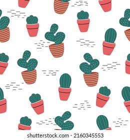 Cute seamless pattern with cactus and abstract elements. Trendy vector design. Vector illustration.