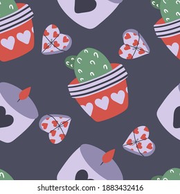 Cute seamless pattern with cactus, candles and hearts.Vector illustration in cartoon style.