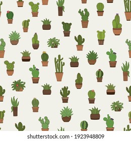 Cute seamless pattern with cactus plant in pots