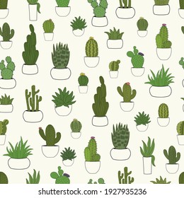 Cute seamless pattern with cactus plant in pots