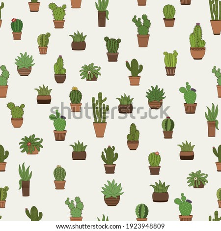 Cute seamless pattern with cactus plant in pots