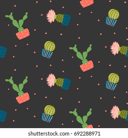 Cute seamless pattern with cactus in pots with peas