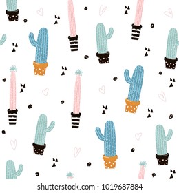 Cute seamless pattern with cactus. Vector hand drawn illustration.