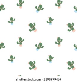 Cute seamless pattern with cactus. Vector in a simple flat style on a white background. Funny character with glasses. Natural eco print