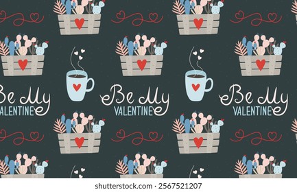 Cute seamless pattern with cactuses and loves drinks on blue background. Good for nursery prints, textile, valentine's day wrapping paper, scrapbooking, stationary, wallpaper, etc.