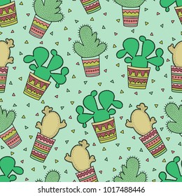 Cute seamless pattern with cactuses in the Mexican style.