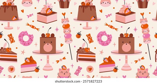 Cute Seamless pattern with cakes, cupcakes and candies. Sweets, desserts with kawaii animals and berries. Trendy modern vector illustration on light background, hand drawn, flat design