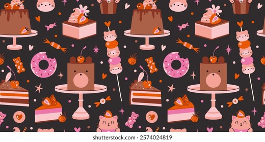 Cute Seamless pattern with cakes, cupcakes and candies. Sweets, desserts with kawaii animals and berries. Trendy modern vector illustration on black background, hand drawn, flat design