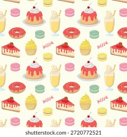 Nettes, nahtloses Muster mit Kuchen, Donuts, Bonbons, Milchshakes und Makaronen. Farbige Desserts, Vektorgrafik.