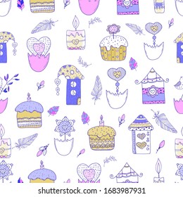 Cute seamless pattern of cakes, houses, bunnies, twigs. Drawing in a vector by hand. Suitable for Easter cards, posters, things, clothes.
