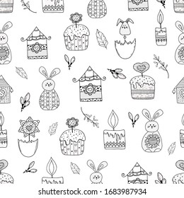 Cute seamless pattern of cakes, houses, bunnies, twigs. Drawing in a vector by hand. Suitable for Easter cards, posters, things, clothes.