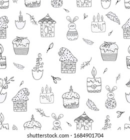 Cute seamless pattern of cakes, houses, bunnies, twigs. Drawing in a vector by hand. Suitable for Easter cards, posters, things, clothes.