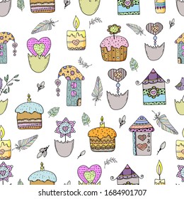 Cute seamless pattern of cakes, houses, bunnies, twigs. Drawing in a vector by hand. Suitable for Easter cards, posters, things, clothes.