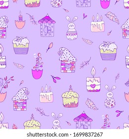 Cute seamless pattern of cakes, houses, bunnies, twigs. Drawing in a vector by hand. Suitable for Easter cards, posters, things, clothes