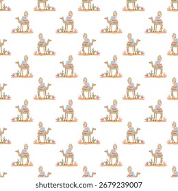 Cute seamless pattern with camels and mermaids in desert-sea fantasy style, perfect for fabric, wallpaper, and children’s themes