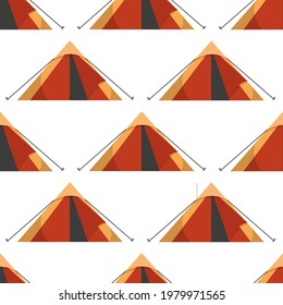 Cute seamless pattern with camping tents. White background. Flat style illustration.