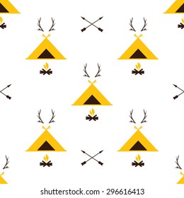 Cute seamless pattern camping in the woods with the image of a tent, a fire and reindeer antlers. The adventure background