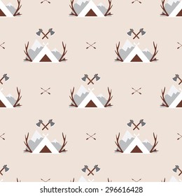 Cute seamless pattern camping in the woods with the image of the mountains, tents and axe. The adventure background