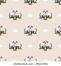 Cute seamless pattern camping in the woods with the image of mountains, fire, fish