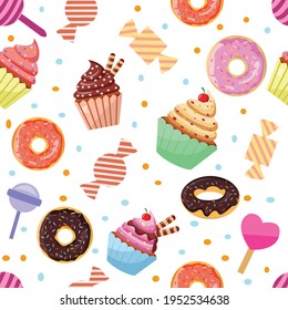 Cute seamless pattern with candies, cupcakes and donuts.Decorative design for print, packaging, wrapping paper or textile. Vector Illustration