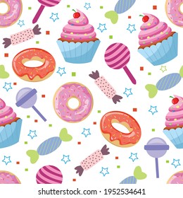 Patrón perfecto con caramelos, pasteles y donuts.Diseño decorativo para imprimir, empaquetar, envolver papel o textiles. Ilustración vectorial