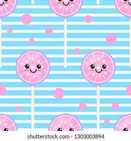 Cute seamless pattern with candies in kawaii style.