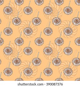 Cute seamless pattern with candies on orange background - stock vector