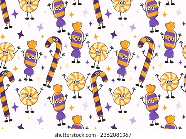 Cute seamless pattern with candy characters in cartoon style