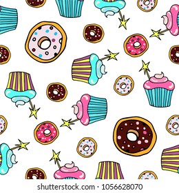 Cute seamless pattern with candy, ice cream, candy, donuts, cupcake, macaroons and other sweets