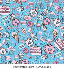 Cute seamless pattern with candy, ice cream, candy, donuts, cupcake, macaroons and other sweets. Print for textile, banners, label and flyer