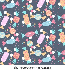 Cute seamless pattern of candy treats. Vector illustration