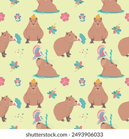 Cute seamless pattern with capybara, bird and floral. Perfect for kids apparel, greeting card design, fabric print, wallpaper, baby shower, wrapping paper design, baby prints and home textiles.