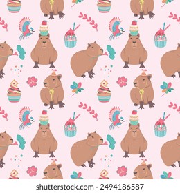 Cute seamless pattern with capybara, bird and cupcake. Perfect for kids apparel, greeting card design, fabric print, baby shower, wrapping paper design, baby prints and home textiles. Happy birthday.