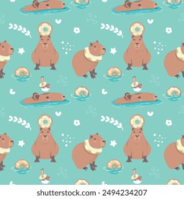 Cute seamless pattern with capybara, bird and lemon donut. Perfect for kids apparel, greeting card design, fabric print, baby shower, wallpaper, wrapping paper design, baby prints and home textiles. 