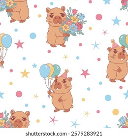 Cute seamless pattern with capybara, birthday parties with animal character print. Vector illustration.