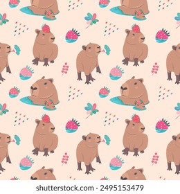 Cute seamless pattern with capybara, floral and strawberry. Perfect for kids apparel, greeting card design, fabric print, baby shower, wallpaper, wrapping paper design, baby prints and home textiles. 