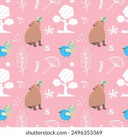 Cute seamless pattern with capybara, tree and bird. Perfect for kids apparel, greeting card design, fabric print, baby prints, wallpaper, wrapping paper design, wallpaper design and home textiles. 