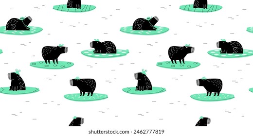 Lindo patrón sin costuras: capibaras montan en los sudores en el agua. Ilustración vectorial para niños.