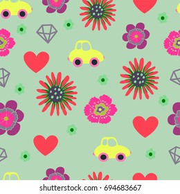 Cute seamless pattern with car, flowers, hearts, diamonds in bright colors. Vector illustration.
