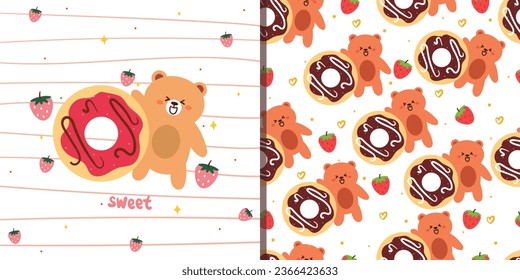 cute seamless pattern and card cartoon bear with cute dessert. animal wallpaper for kids, textile, fabric print, gift wrap paper