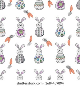 Cute seamless pattern of carrot bunnies. Drawing in a vector by hand. Suitable for Easter cards, posters, things, clothes.