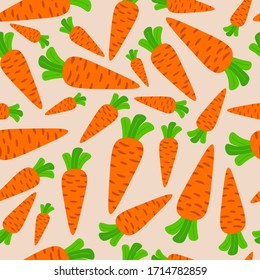 Cute seamless pattern with carrot and leaves in flat style. Vegetable, farm background. Vector illustration.  