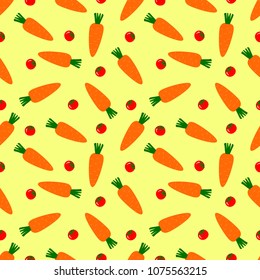 cute seamless pattern with carrot and red tomato on yellow background, lovely cartoon vegetable wallpaper