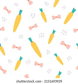 Cute seamless pattern of carrots and bows in pastel colors. Vector illustration in a flat style.
