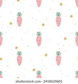 Cute seamless pattern with carrots, flowers and polka dots. Vector hand drawn Easter illustration. Fun spring background for wrapping paper, packaging, gift, fabric, wallpaper, textile, apparel.