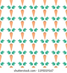 Cute seamless pattern with carrots and leaves. Vegetable, farm background. Vector illustration.