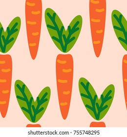 Cute seamless pattern with carrots and leaves. Vegetable, farm background. Vector illustration. 